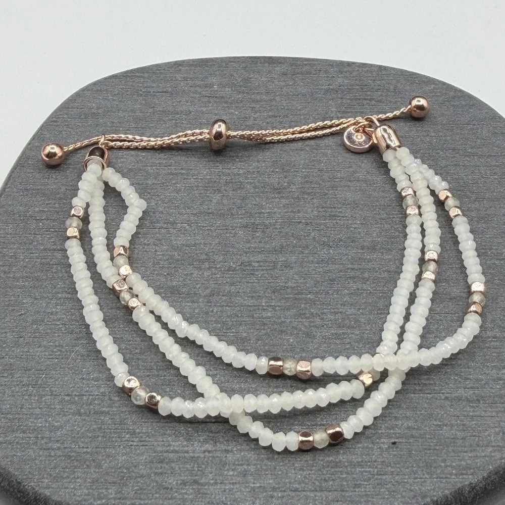 White Faceted Bead 3 Strand Bracelet Rose Gold Tone Adjustable Bolo Slider Gift